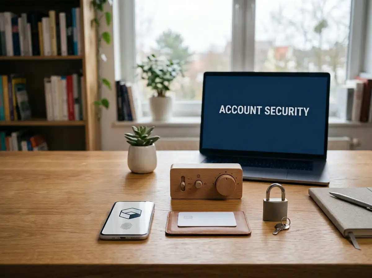 Editorial illustration of an account-security workflow with identity, payment and limit-setting symbols