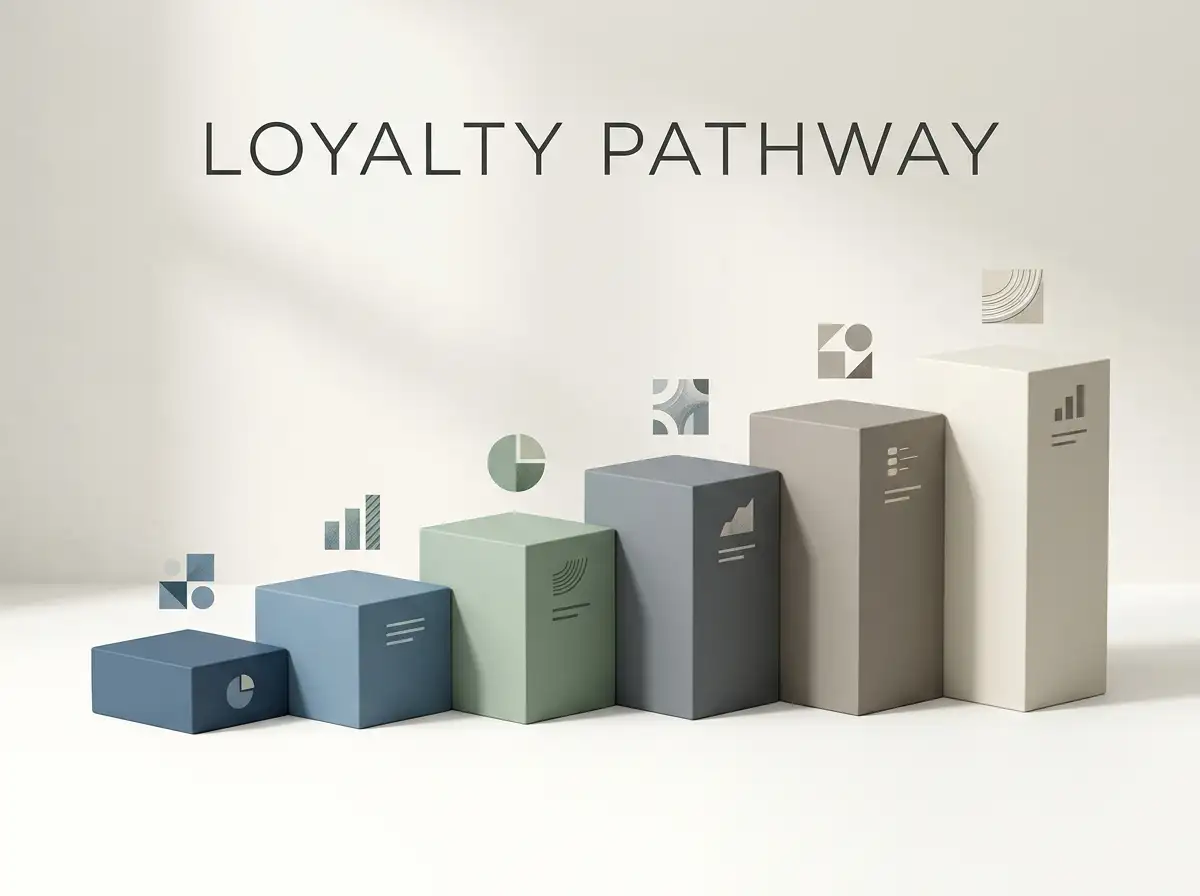 Editorial illustration of a six-stage loyalty progression with understated step markers