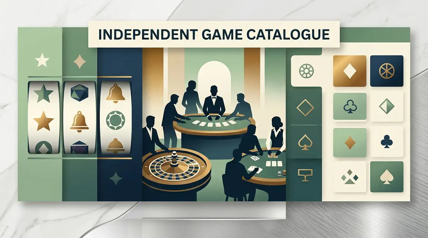 Editorial illustration of slot reels, live tables and game-category tiles arranged as a catalogue