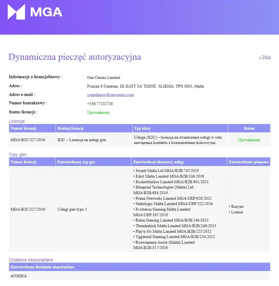 Malta Gaming Authority authorisation entry for One Casino Limited