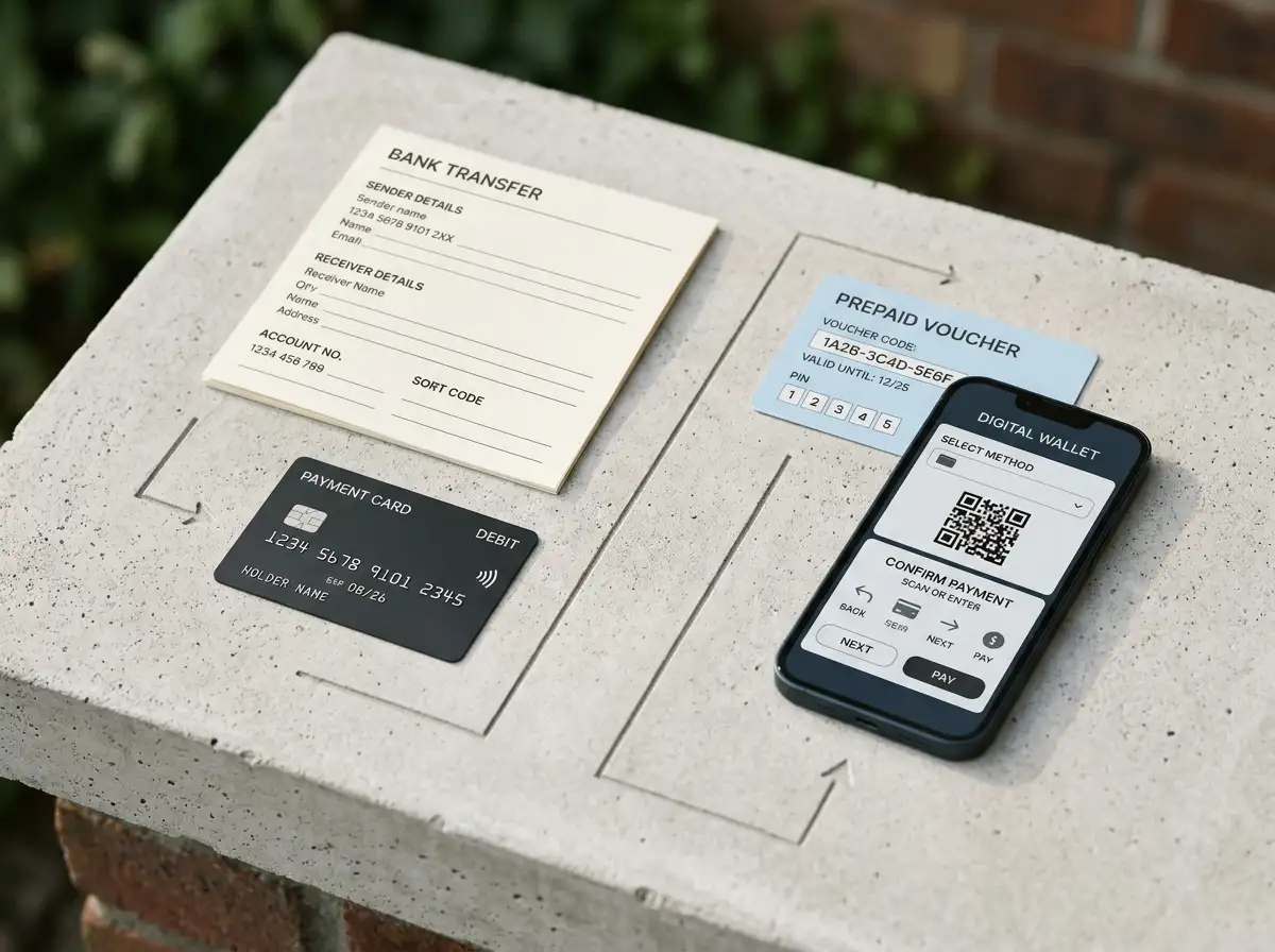 Editorial illustration of bank, card and digital-wallet payment routes